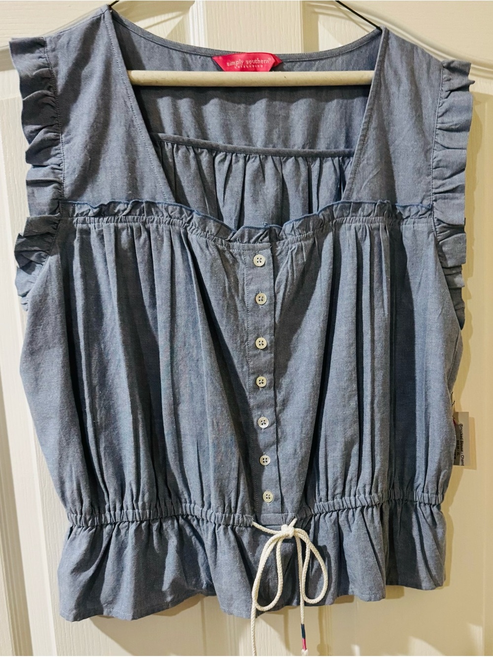 Simply Southern Chambray Blouse Top Size XL NWT Ruffle Sleeve Elastic waist